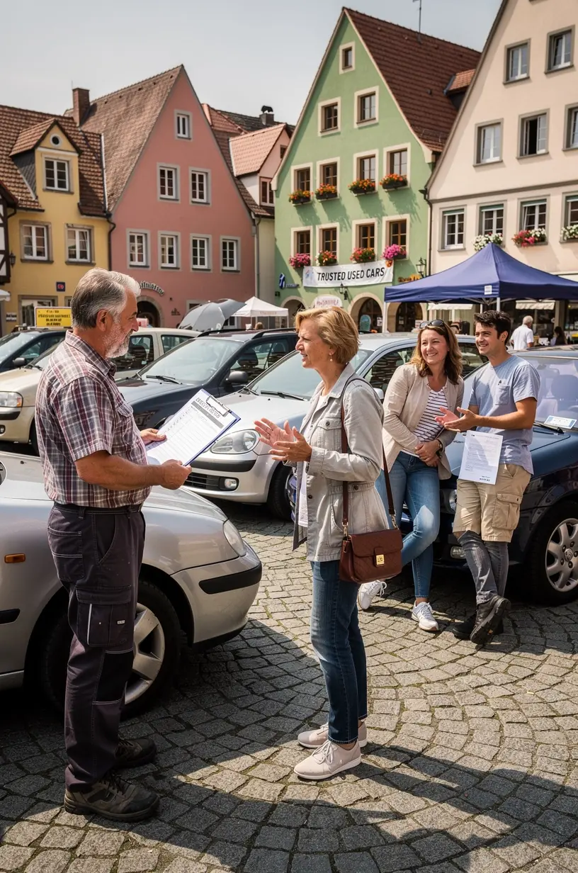 Fachmännische Fahrzeugprüfung in einer deutschen Autowerkstatt vor dem Kauf eines Gebrauchtwagens.